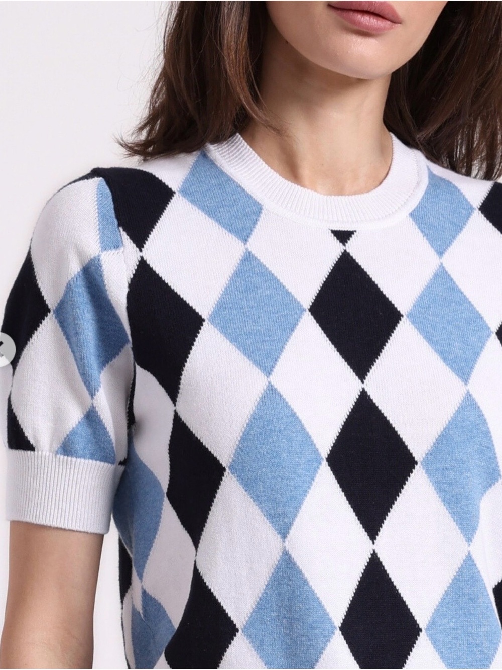 Minnie Rose Argyle Short Sleeve Knit Top - Blue, Black & White